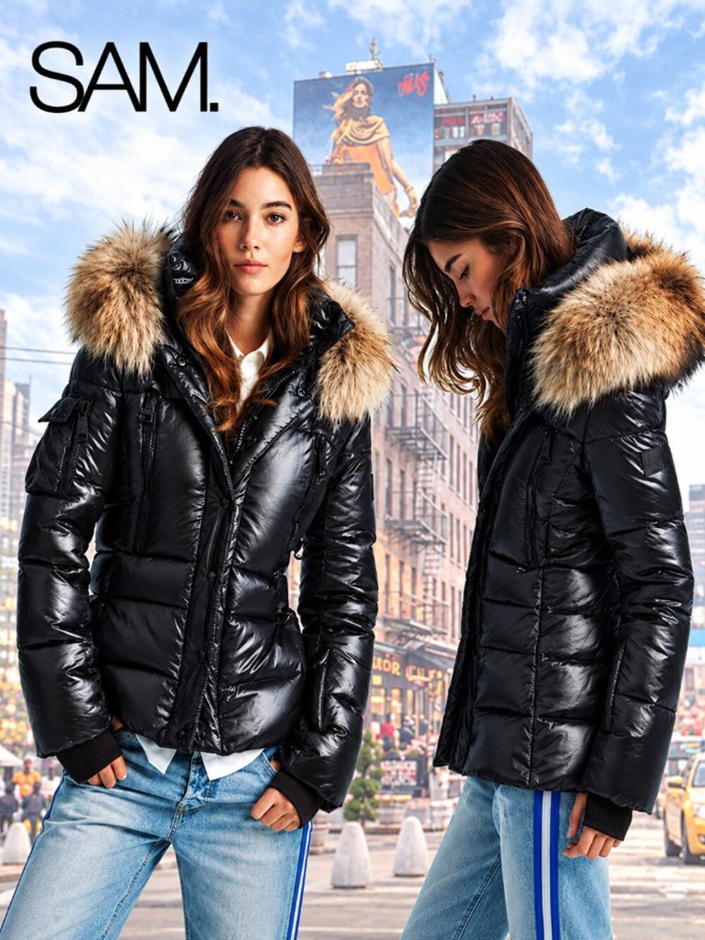 💥HOT ITEM!💥SAM. Blake Asiatic Racoon Fur Trim in Puffer Jacket in Shiny Jet